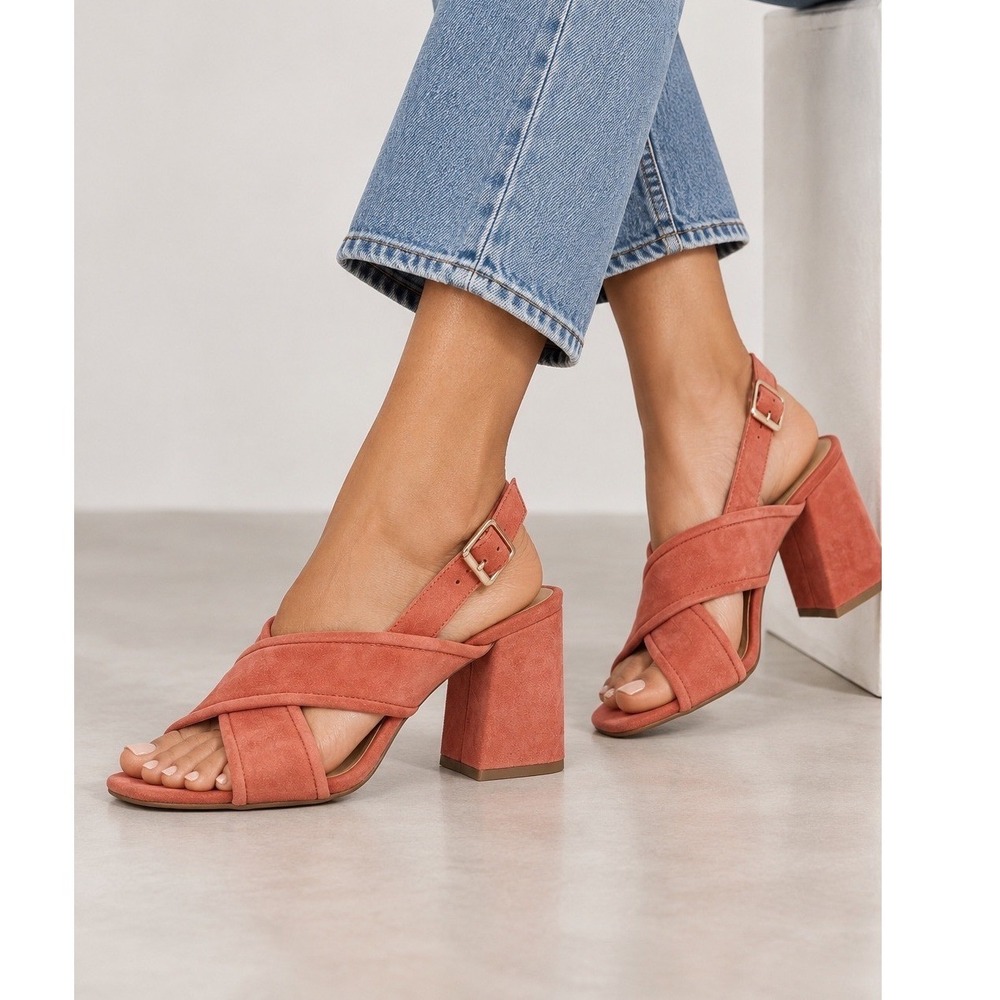 Sole Society Joree Sandals Womens 8.5 Coral Pink Excellent Suede Block Heel